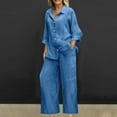 thumbnail image 2 of UVEASISHA 2 Piece Outfits for Women Cotton Linen Long Sleeve Shirts and Pants Matching Set Plus Size Casual Officewear Blue M, 2 of 7