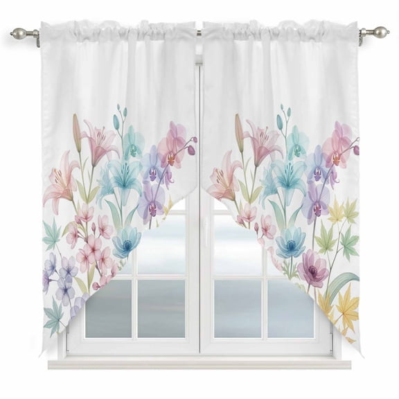 Colorful Spring Floral Swag Curtains for Kitchen/Bedroom/Living Room, Farmhouse Flowers Modern Art Scalloped Curtains 63 Inch Long, Window Swag Topper Curtains Valances 2 Panels Set 36"x63"