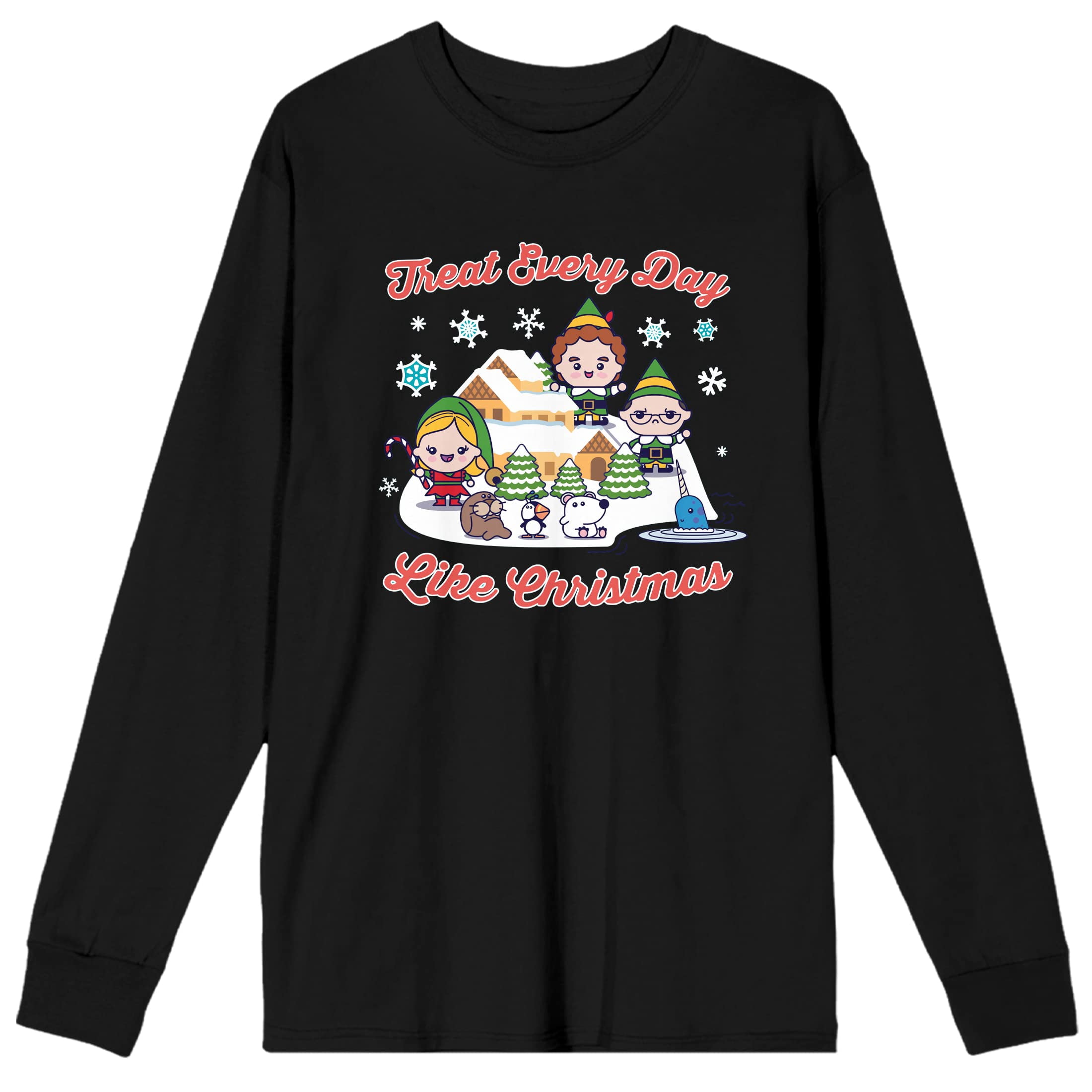 Elf Treat Every Day Like Christmas Men's Black Long Sleeve Shirt-Medium