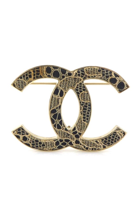 Pre-Owned CHANEL Coco Mark Brooch, Metal, Lace, Gold, Black, Beige, Women's, Free Shipping,...