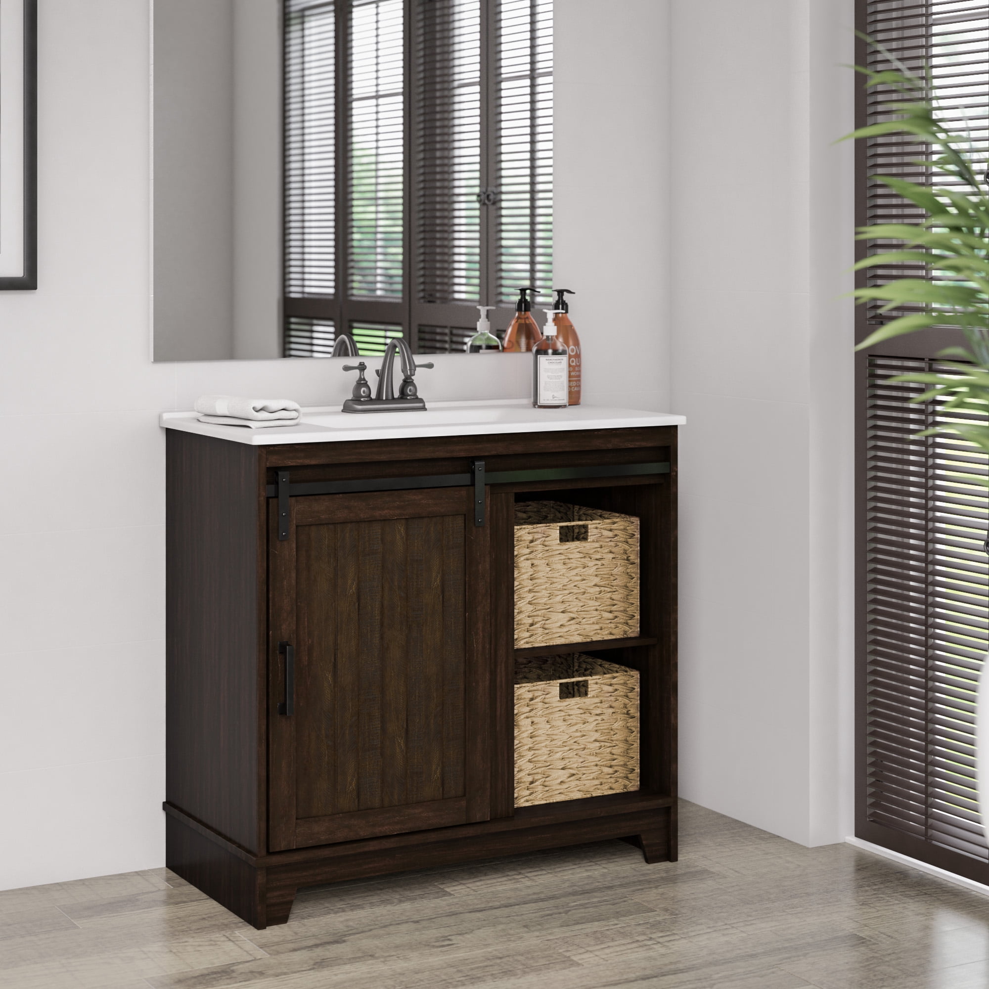 Twin Star Home 36" Sliding Barn Door Single Bathroom Vanity with Woven Baskets