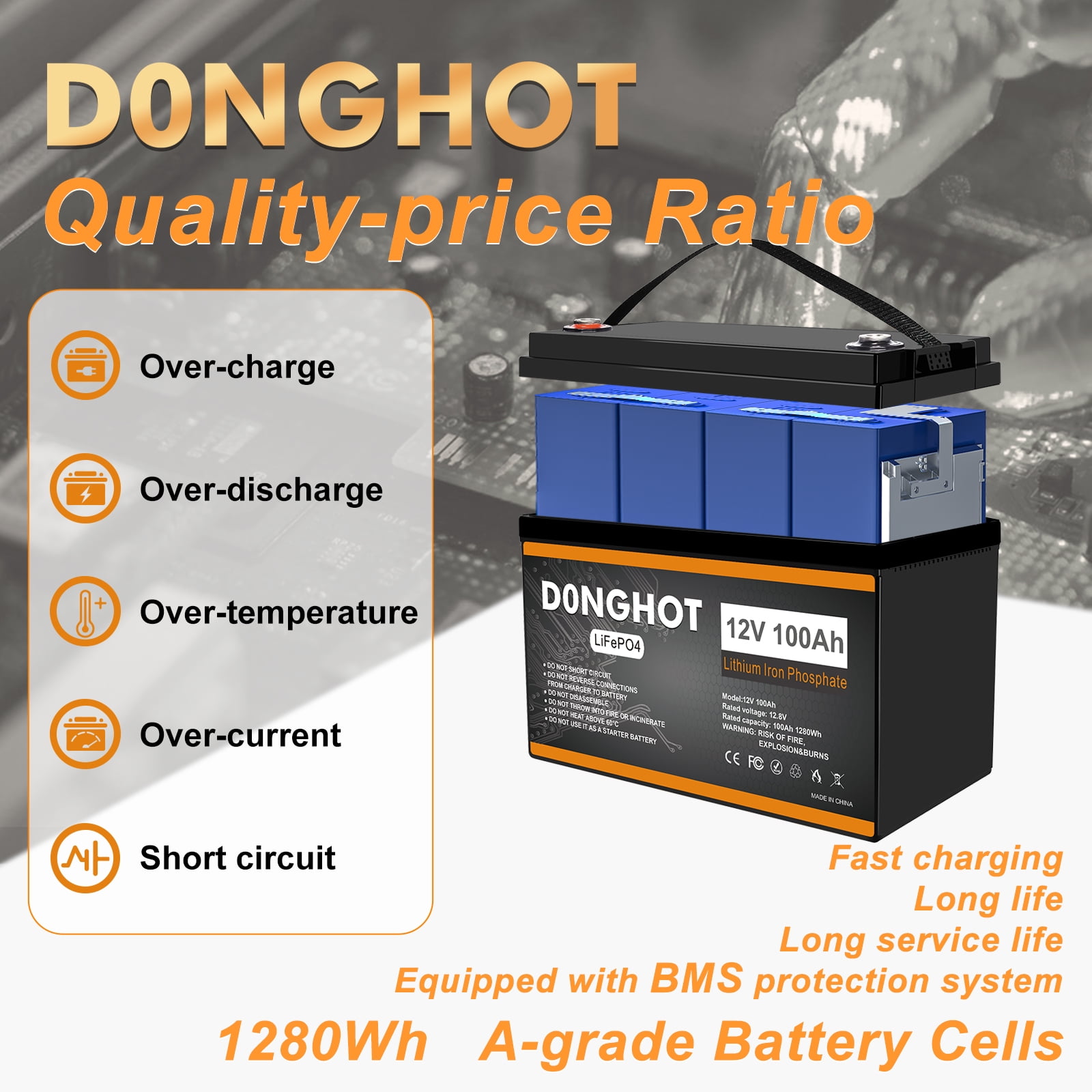 D0NGHOT 100Ah LiFePO4 Lithium Battery for Trolling Motor 12 Volts Deep Cycle Marine Battery for Boat RV