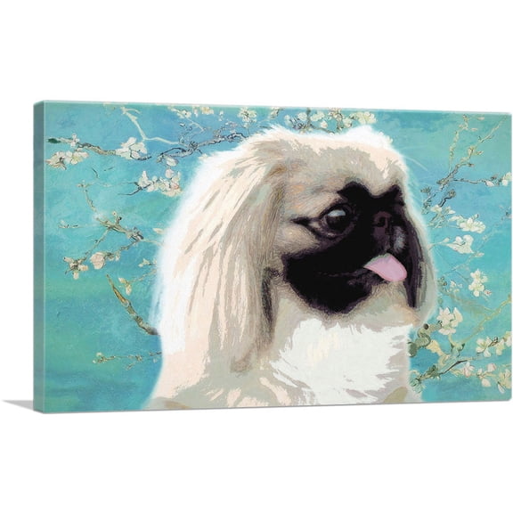 ARTCANVAS Pekingese Dog Breed Teal White Flowers Canvas Art Print - Size: 26" x 18" (0.75" Deep)
