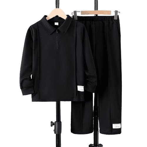 Mikrdoo Kid Boys Outfits Long Sleeve Half Zipper Top With Woven Label Elastic Long Pants Set 2Pcs Spring Autumn Clothing From 7-15Y Black