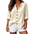 thumbnail image 2 of Women's V Neck 3/4 Sleeve Cotton Linen Button Down Blouse, Loose Relaxed Fit Shirt with Rolled Cuff, for Summer Daily Wear or Beach Vacation Outfits Beige, 2 of 5