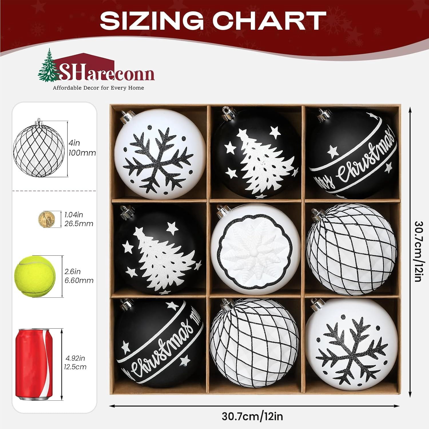 100MM/4 Inch 9PCS Large Christmas Balls Ornaments, Shatterproof Plastic Hanging Big Baubles Set for Xmas Tree Decoration Holiday Party Wedding Decorations with Hook