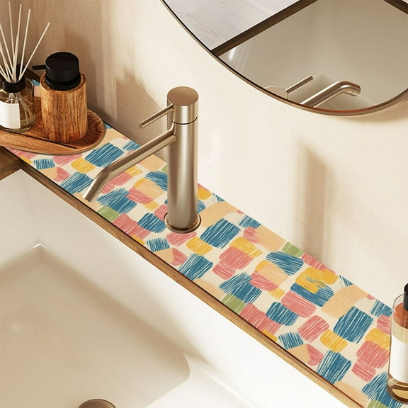 Faucet Mat for Kitchen Sink 30'' Sink Splash Guard Mat Super Absorbent Fast Drying Drain Pad Colorful Line Doodle Squares 2 Pack
