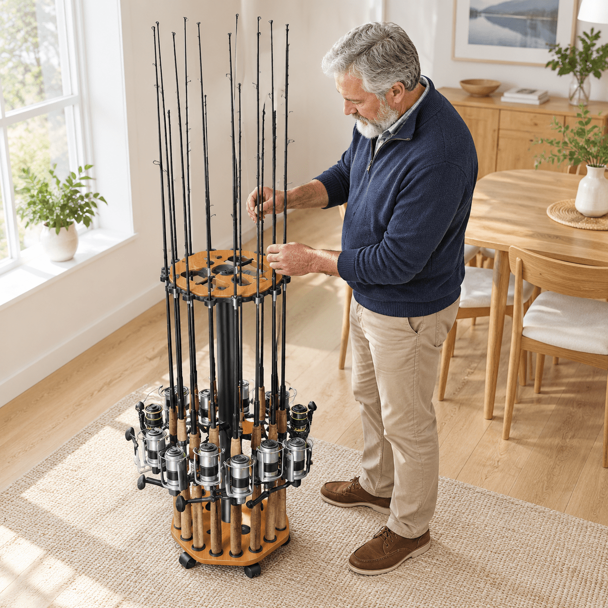 Red Oak Grain 16-Rod Mobile Fishing Rod Rack Storage Station