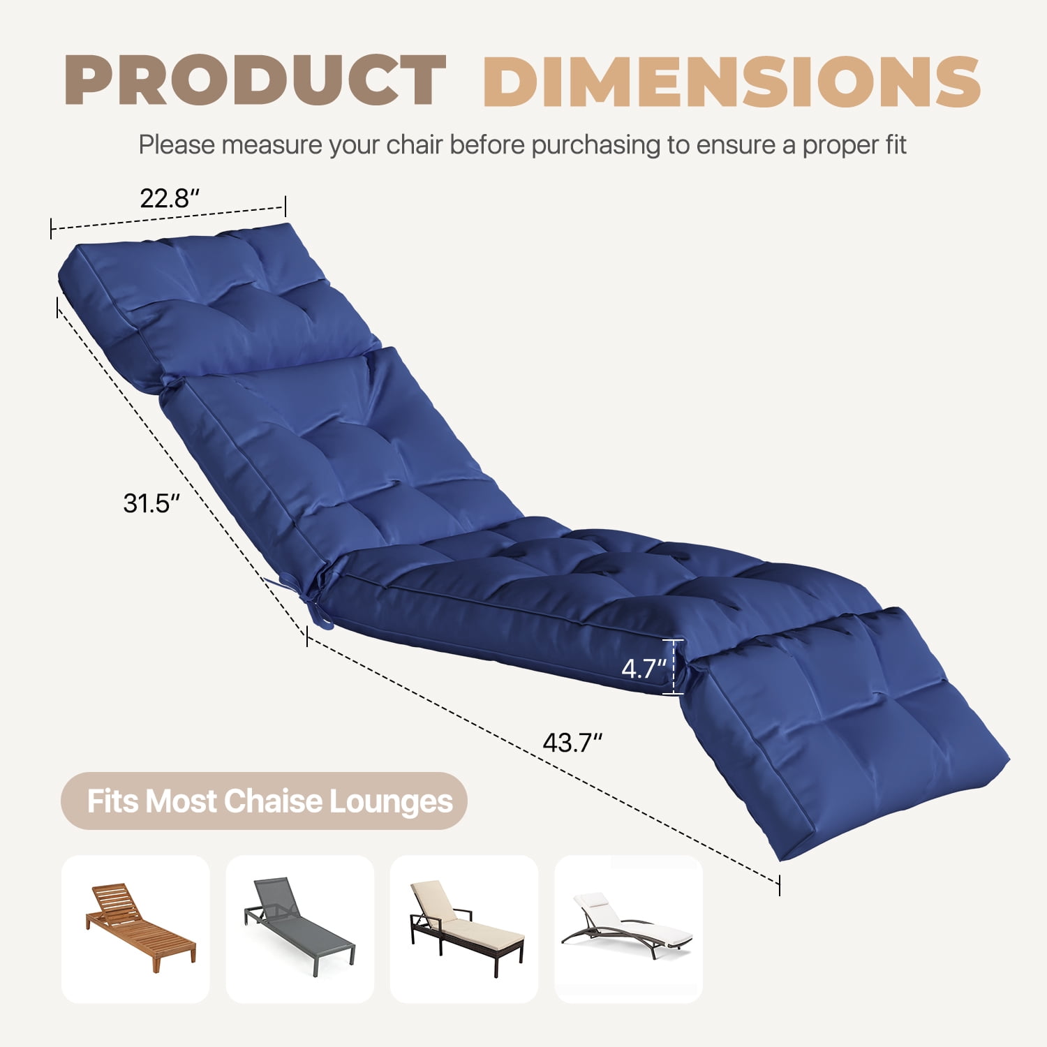 BaPiPro All-Weather Outdoor Chaise Lounge Cushion, Secure-Tie Patio Recliner Cushion with Plush PP Cotton Support for Patio, Poolside & Balcony, Navy Blue