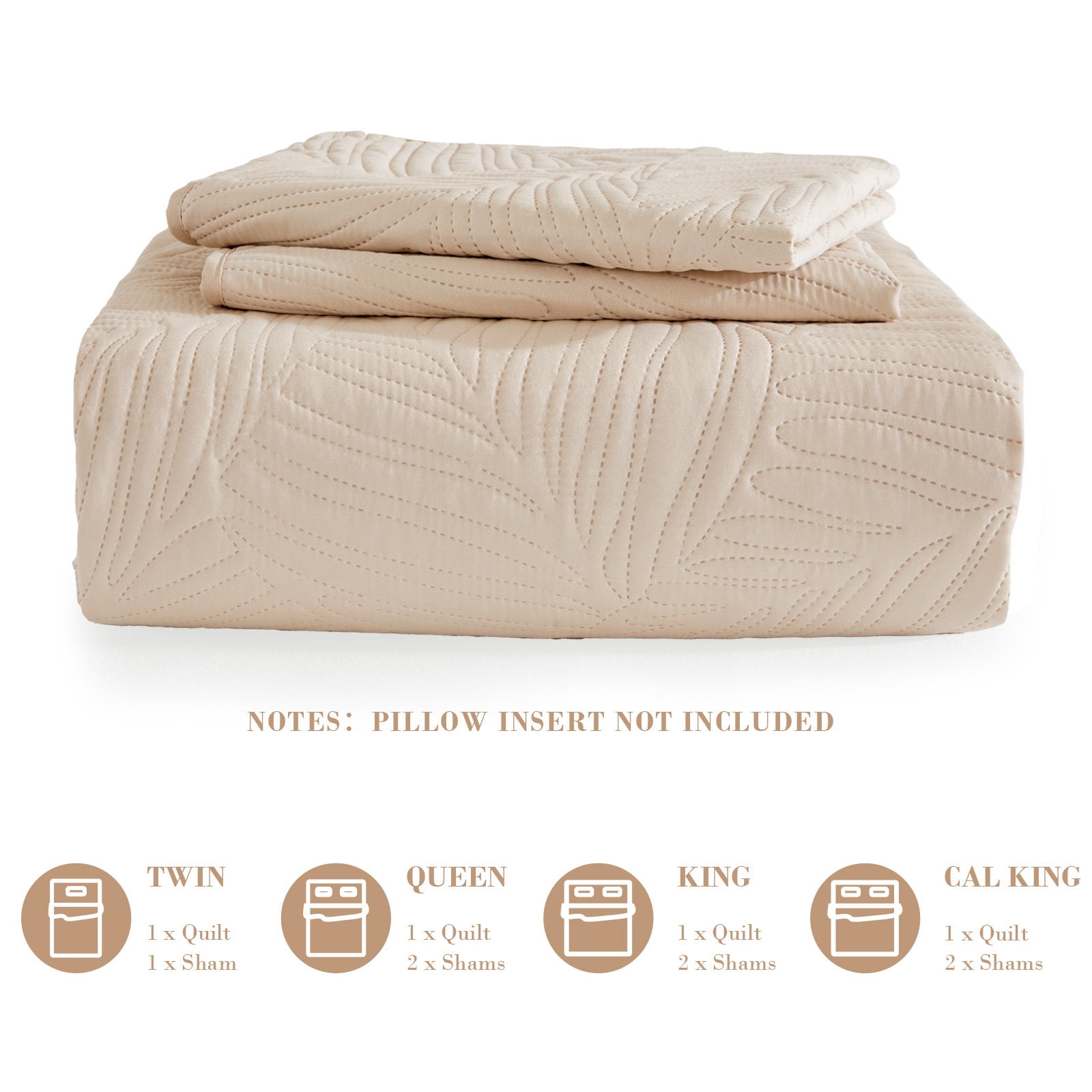 Exclusivo Mezcla Ultrasonic Full Queen Size Quilt Set Brich Beige, 3 Pieces Lightweight Bedspread Leaf Pattern Bed Cover Soft Microfiber Coverlet Bedding Set for All Seasons