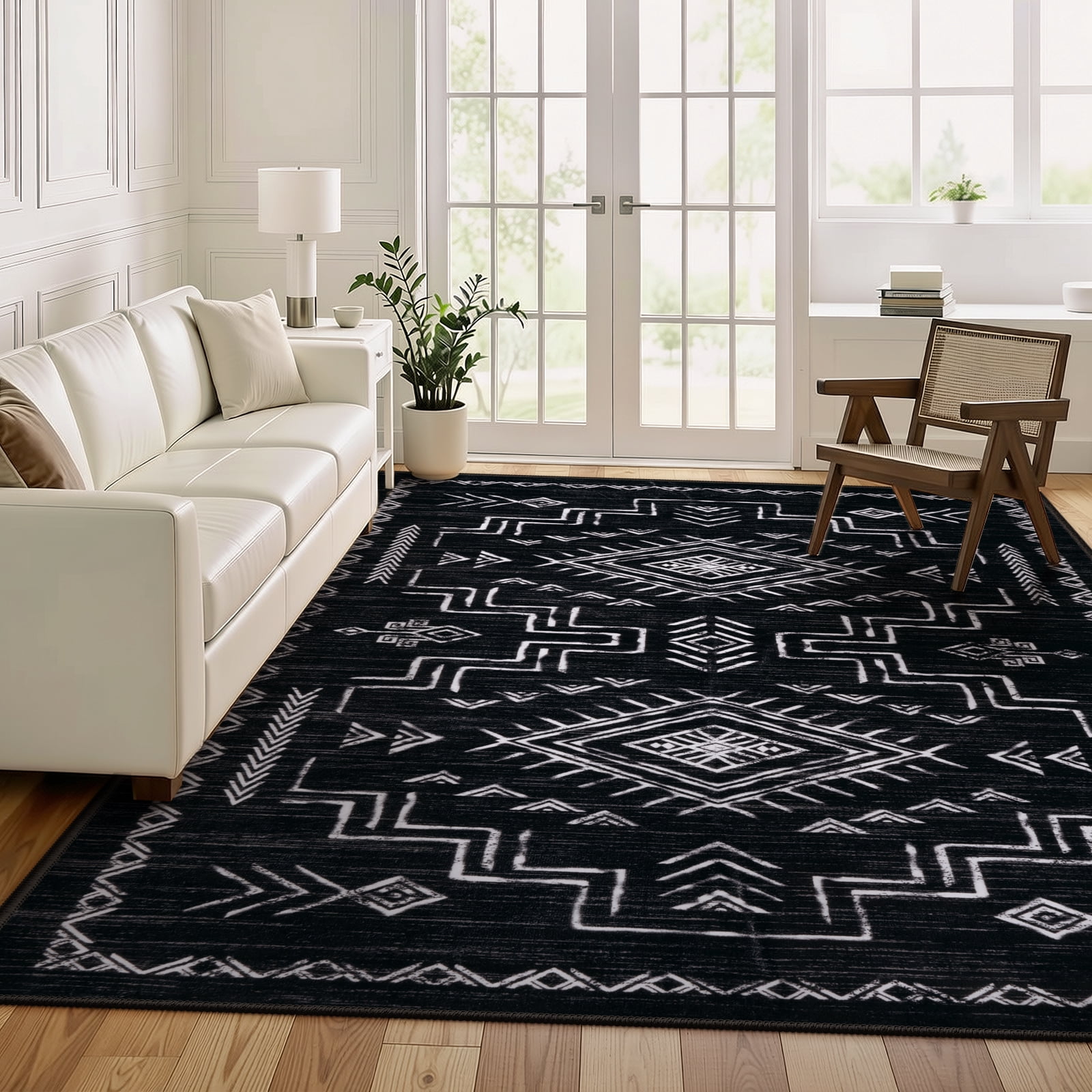 Lahome Washable 8'x10' Area Rug, Black Rugs for Living Room, Non-Slip Aztec Tribal Moroccan Carpet for Bedroom, Neutral Large Area Rugs Under Dining Table Home Office, Black