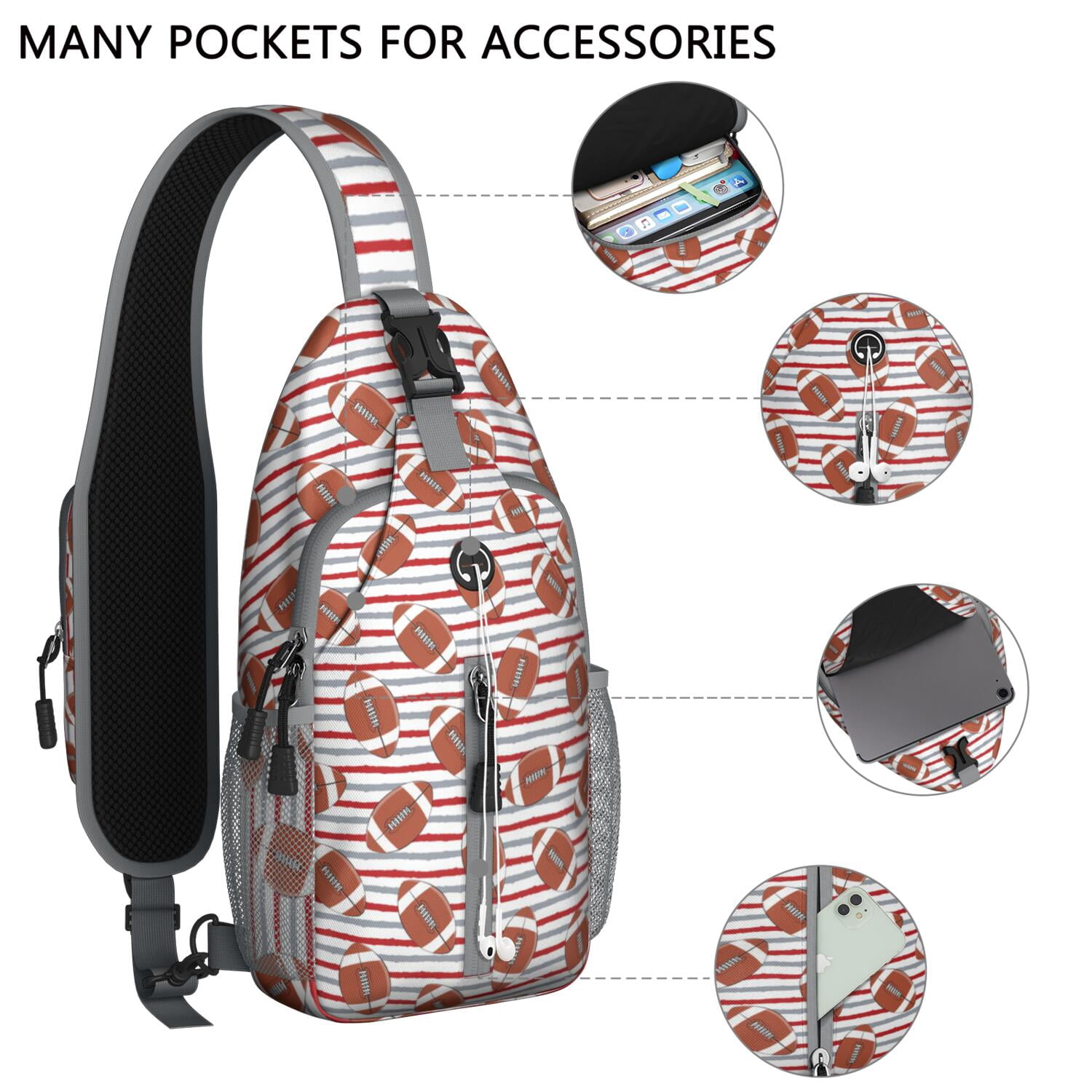 Baseball and Football Print Sling Bag for Boys – Lightweight Durable Polyester Crossbody Backpack with Secure Zippers, Large Compartments, Mesh Side Pockets for Training, Competition, and Outdoor Play