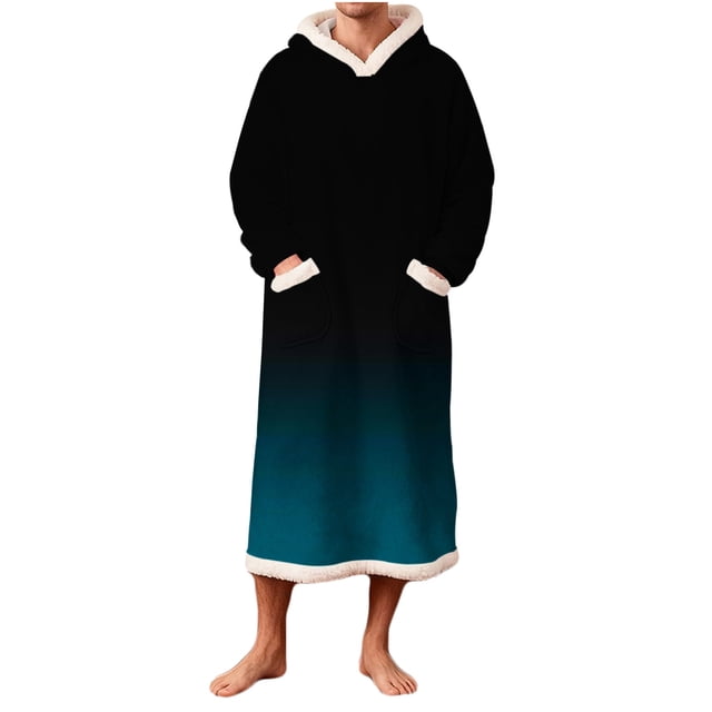 RXMEKW Gradient Fleece Hooded Robe for Men with Pockets, Long Sleeve Bathrobe for Lounging, Print
