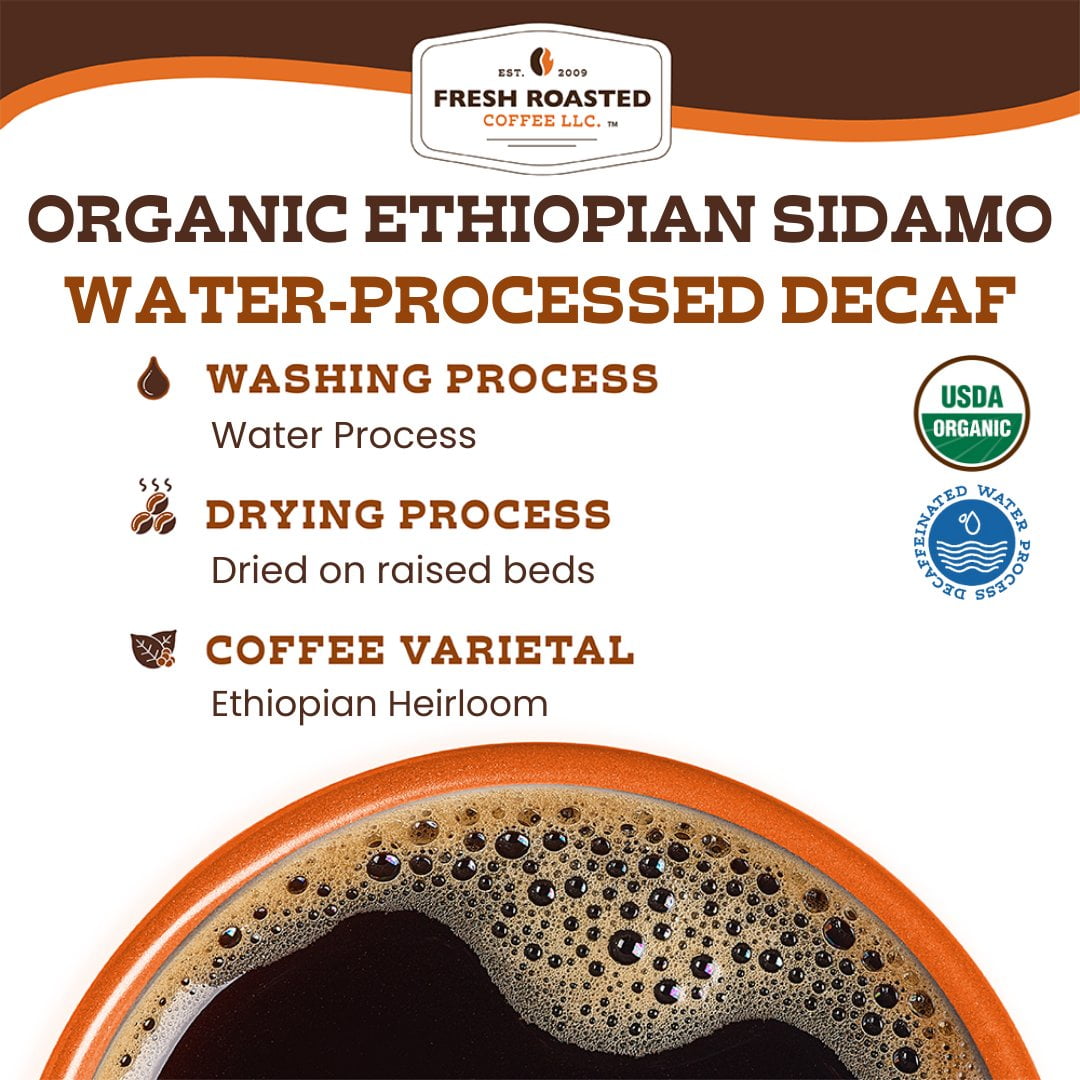 Fresh Roasted Coffee, Organic Ethiopian Sidamo Swiss Water Decaf, Medium Roast, K-cup Compatible, 72 Count