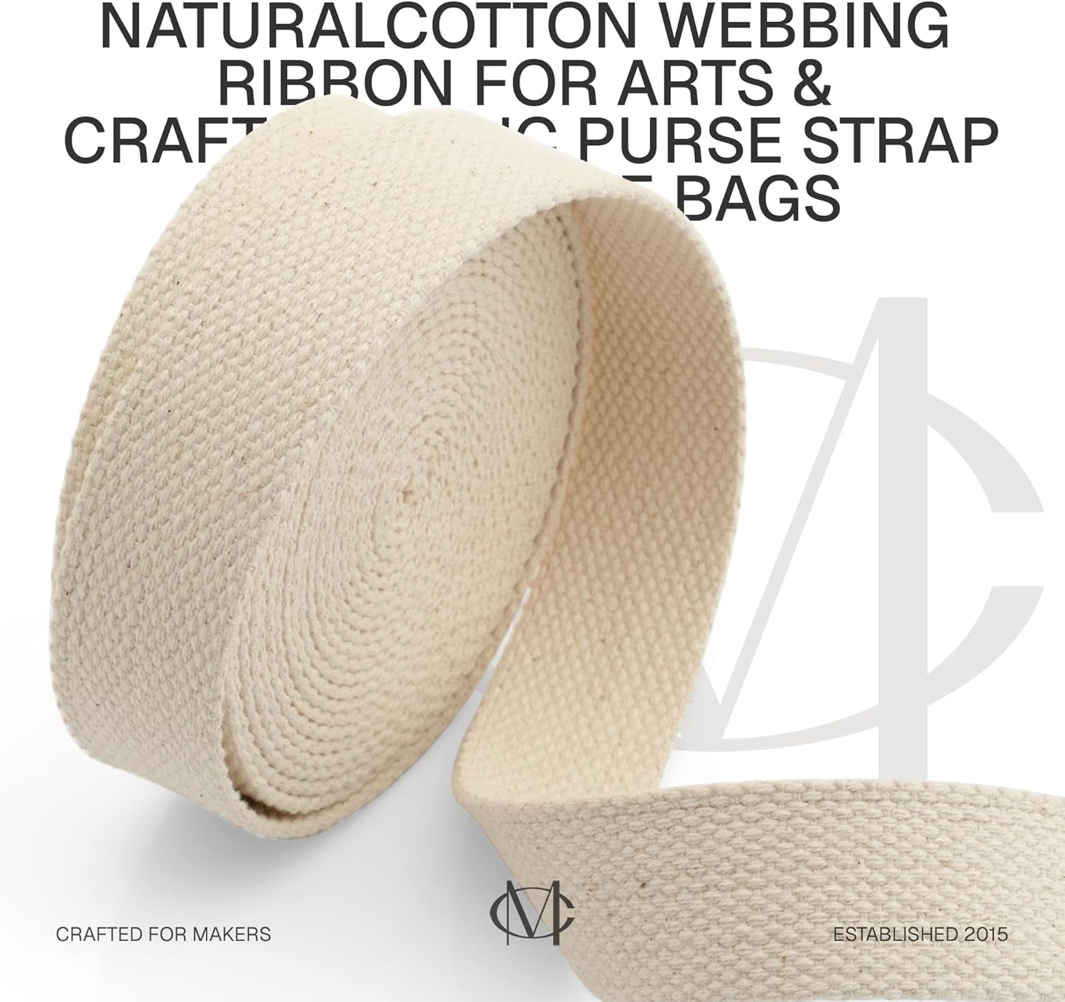 Natural Cotton Webbing Ribbon for Arts & Crafts, Fabric Purse Strap, Belting, Tote Bags (1 1/2 Inch, 50 Yards)