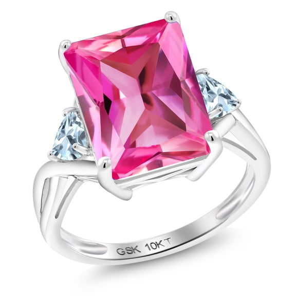Gem Stone King 10K White Gold Pink Created Sapphire and Sky Blue Aquamarine 3 Stone Engagement Ring for Women (10.41 Cttw, Emerald Cut 14X10MM, Trillion 4MM, Size 7)