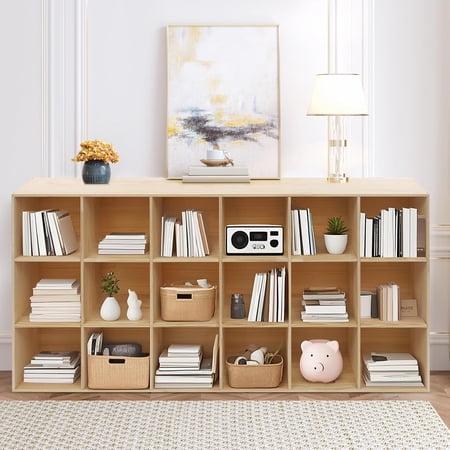 Solid Wood Bookcase 18-Cube Shelf, Convertible Vertical/Horizontal Storage Unit, Modern Farmhouse Bookcase with Mortise Tenon Joints, Natural Wood Color
