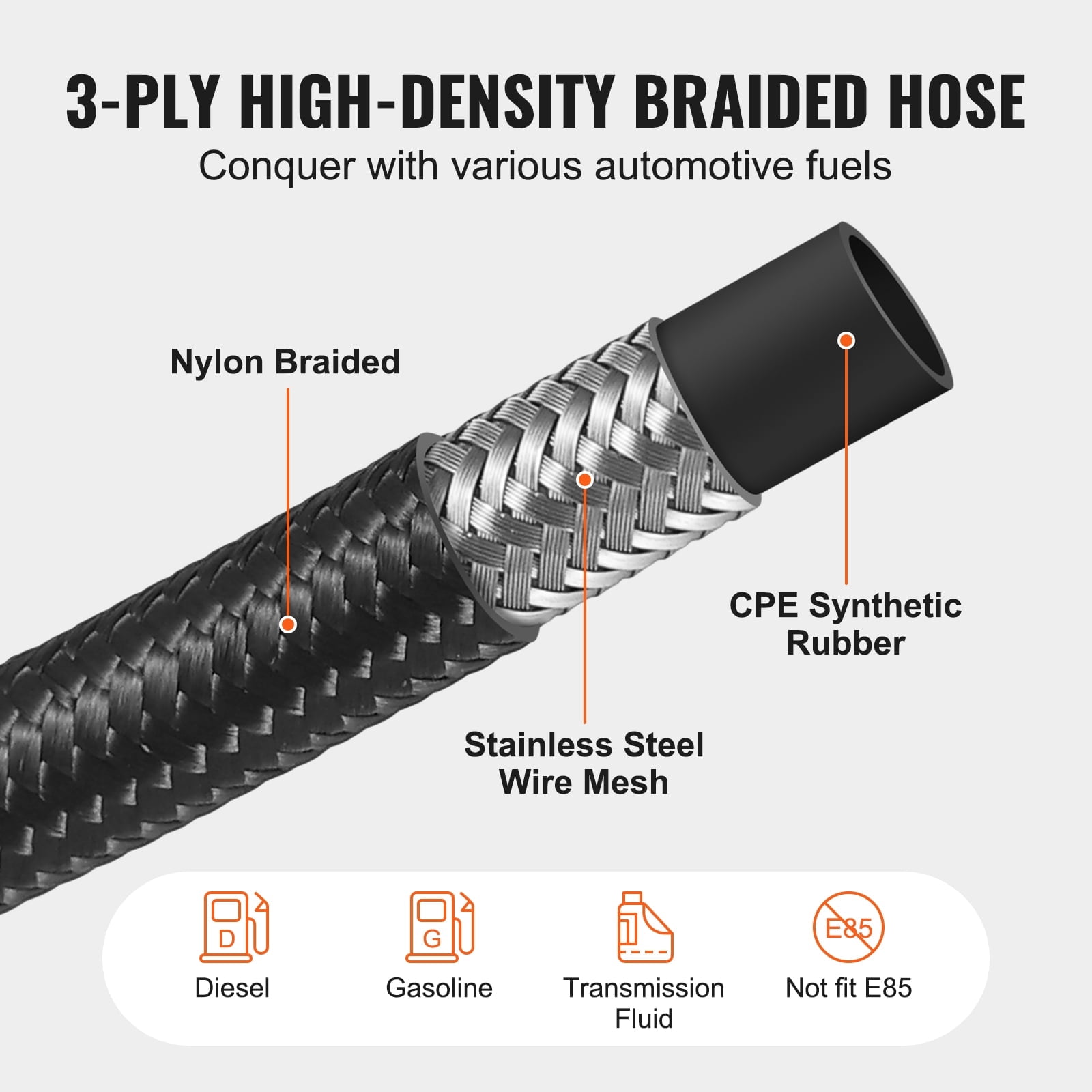 VEVOR 10AN Fuel Line Kit, 10 FT Fuel Hose Kit, 0.55" Nylon Stainless Steel Braided Fuel Line Oil/Gas/Diesel Hose End Fitting Kit, with 7 PCS Swivel Fitting Adapter Kit, Black
