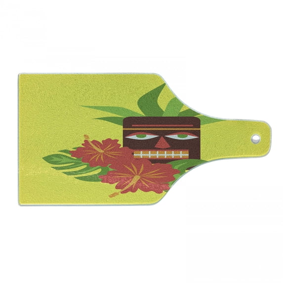Luau Cutting Board, Vibrant Composition of a Tiki Mask Exotic Summer Hibiscus and Palm Leaves, Decorative Tempered Glass Cutting and Serving Board, in 3 Sizes, by Ambesonne