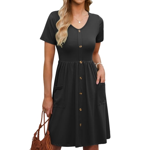 TARAINYA Summer Women Short Sleeve V-Neck Dresses With Buttons A-Line Pockets Sundresses Casual Knee Travel Beach Dresses