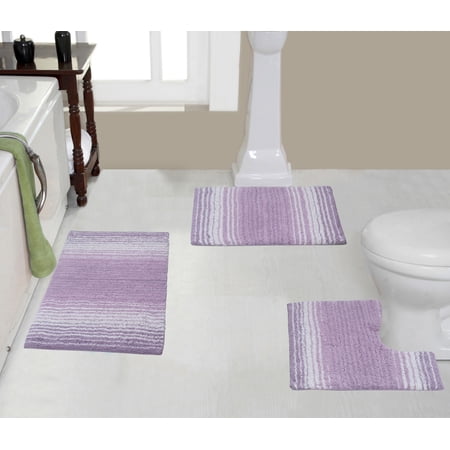 Home Weavers Gradiation Collection - Absorbent Cotton Soft Bath Rug  3 Piece Set with Contour  Purple