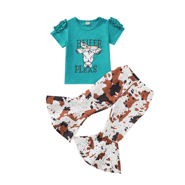 Leggings Para Niños Medias Para Bebés Camiseta De Manga Corta Con Letras Para Niña Top Pantalones Acampanados Florales Leggings Azul Odeerbi LM103-1368