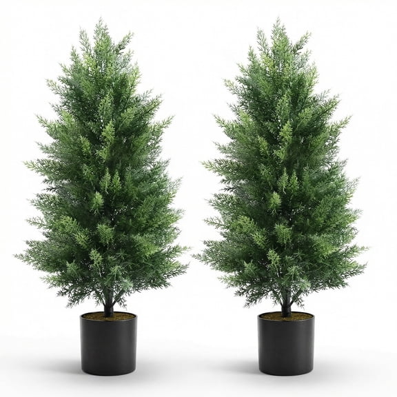 Joyooss Artificial Topiary Cedar Tree,3FT Faux Outdoor Plants Front Porch Decor 2 Set Evergreen Shrubs Fake Cypress Trees with Flowerpot for Home Living Room Front Door Faux Outdoor Plants Decor