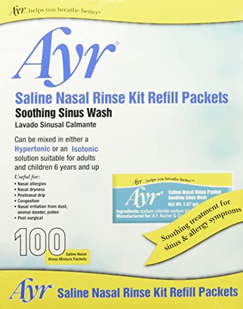 Ayr Saline Nasal Rinse Kit Refill, Soothe Sinus & Allergy Treatment, 100 ct