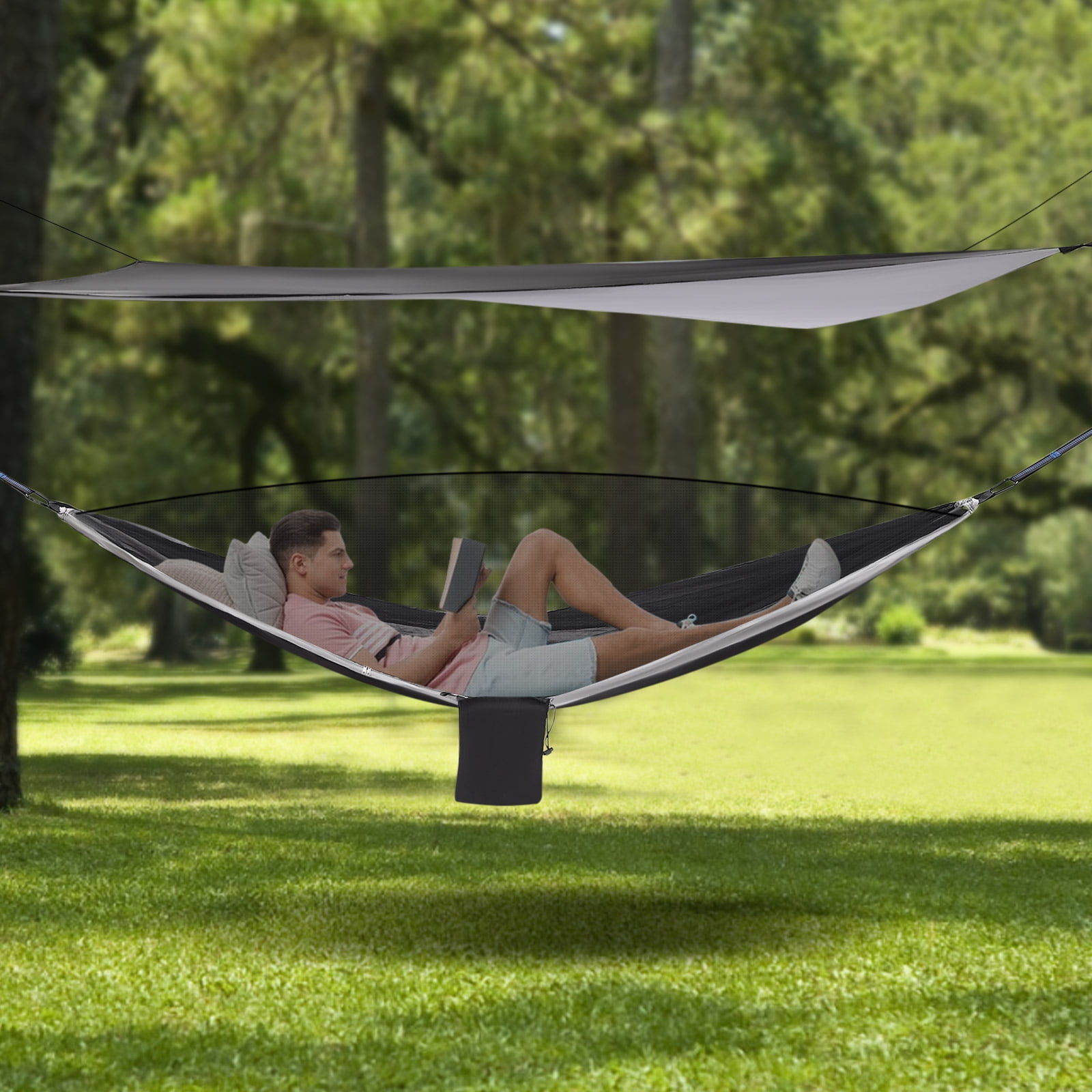 Fichiouy Camping Hammock with Net Tent and Rain Fly Tarp Portable Nylon Parachute Hammock with Heavy Duty Tree Strap Load-Bearing Capacity 200kg/440.9lbs