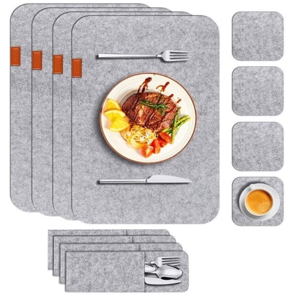 Yahome Heat Resistant Place Mats Sets of 12,Felt Cloth Placemat Glass  Cutlery Bag,Protective Dining Table Pad,Non Slip and Washable for Home Kitchen 17x12 inch Light Grey