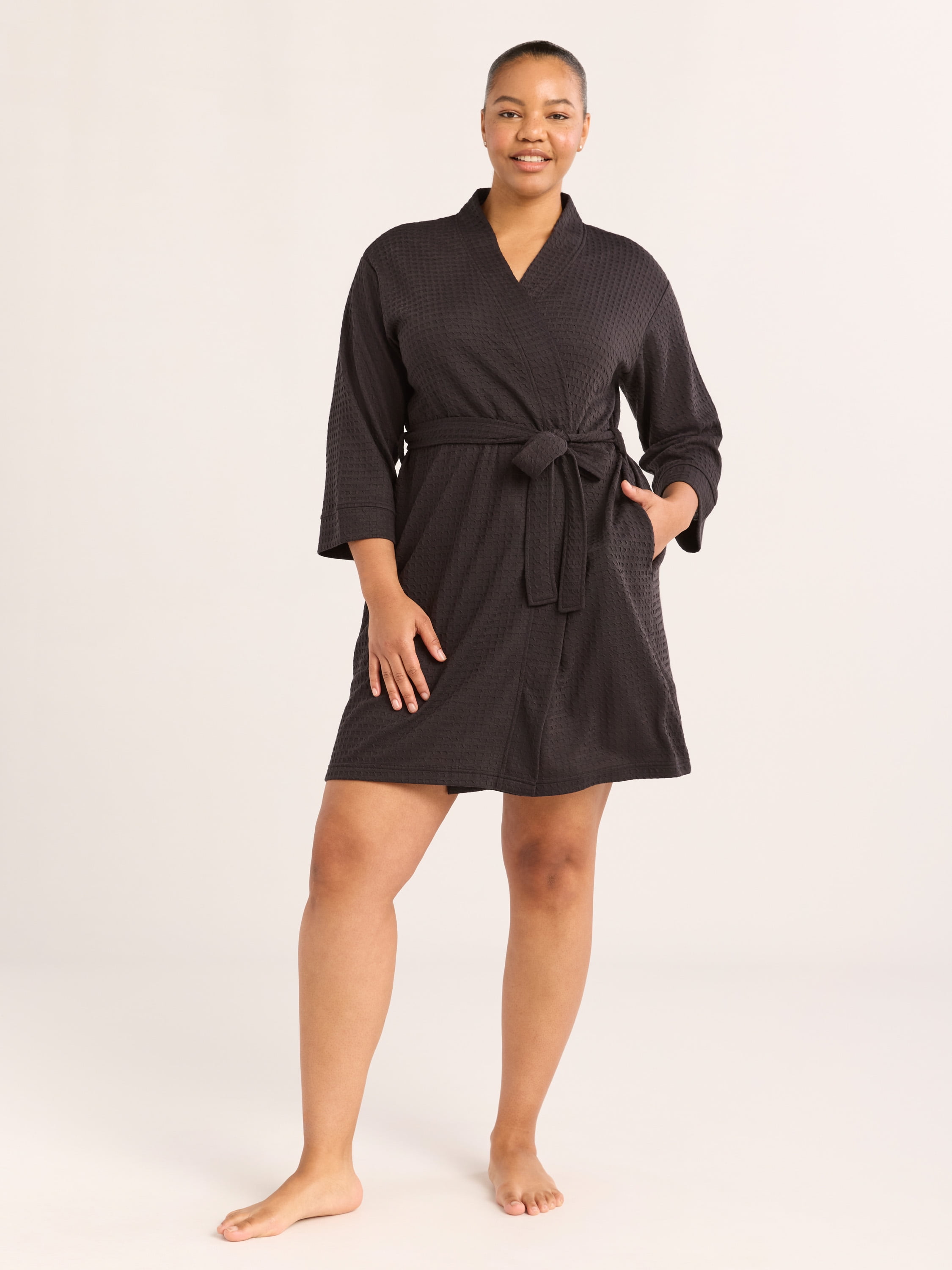 Joyspun Women's Waffle Kimono Short Wrap Robe, Sizes S-3X