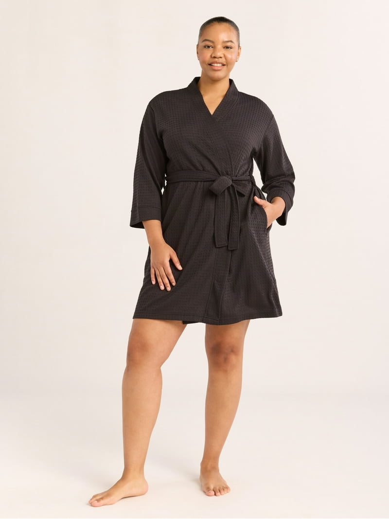 Joyspun Women's Waffle Kimono Short Wrap Robe, Lightweight Waffle