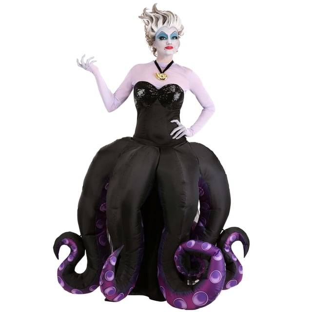 Disney Little Mermaid Womens Ursula Prestige Costume featuring a long-sleeved purple mesh top, a black dress with sequins on the chest, and an inflatable black skirt with purple tentacles. Includes a gold shell necklace. Made of polyester, cotton, spandex, and nylon. Requires 4 AA batteries for the inflatable skirt. Officially licensed Disney costume.