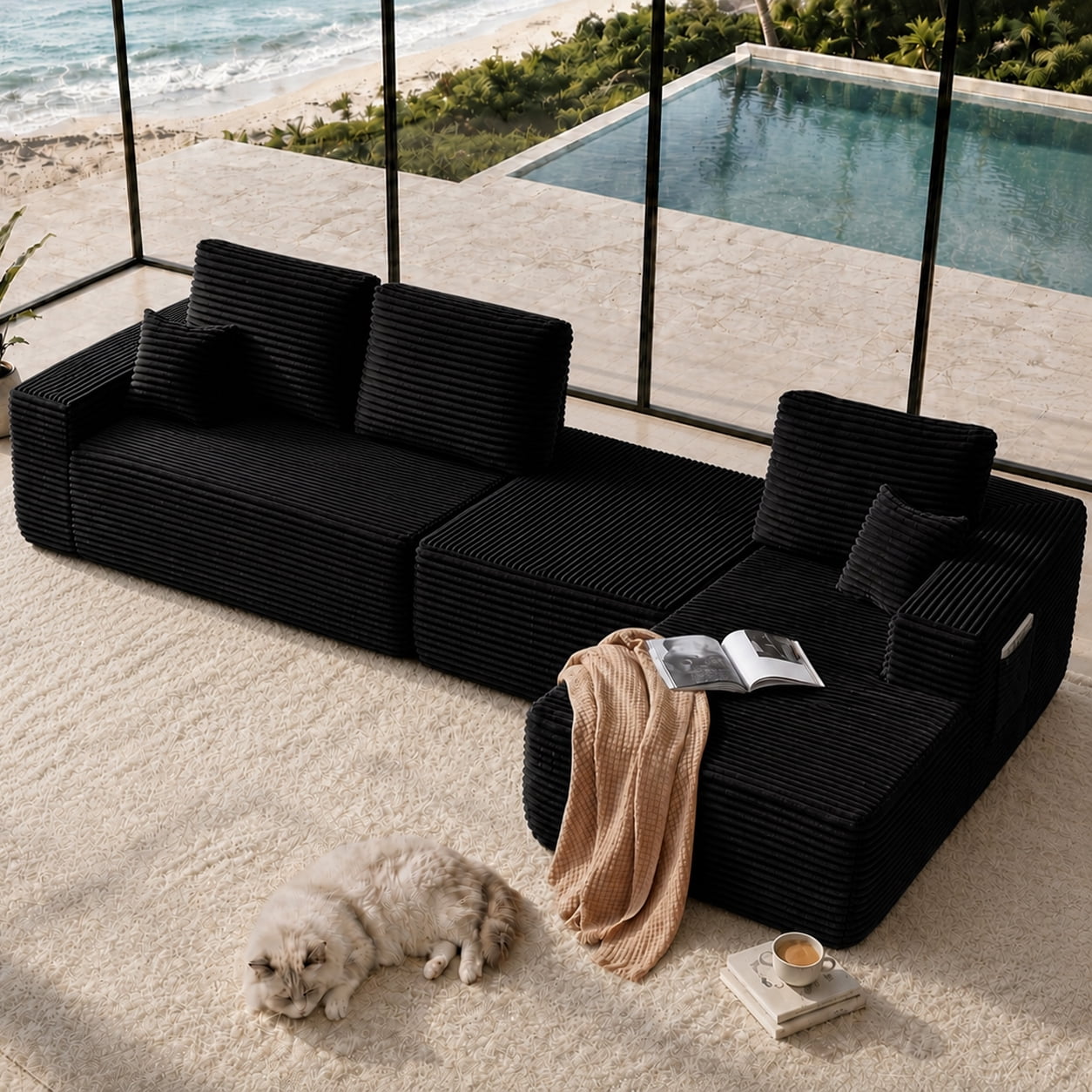 Cloud Sectional Sofa 104 Inch, U-Shape Modular Couch with Side Pockets and Deep Seating, Upholstered Living Room Sofa, No Assembly Required, Black, Right Chaise