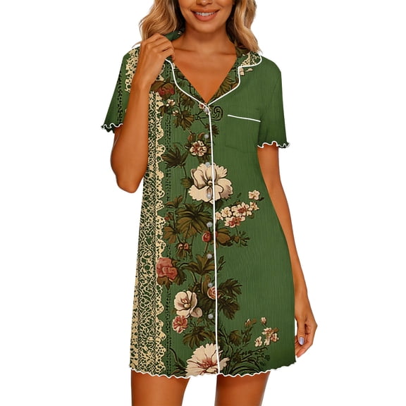 QSAWXQZ Women's Button Down Nightgown Short Sleeve Lapel Collar Sleep Shirt with Ruffle Hem and Pocket Soft Comfortable Loungewear Multicolor-14 XL