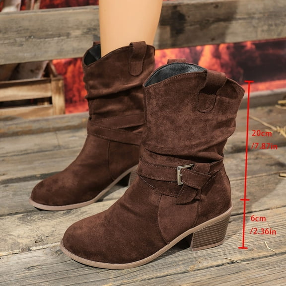 BLTIBY Women's Mid Calf Boots Chunk Block Heel Pull On Buckle Slouchy Wide Booties Non-Slip Pleated Flock Outdoor Fashion Boot Brown 38