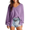 thumbnail image 2 of hotojiny Fall Tops for Women Long Sleeve Casual Knit Pullover Tops V Neck Solid Color Oversized Loose T Shirts, 2 of 7