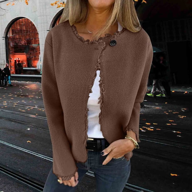 HongQid Women's Wool Blend Fall Business Cardigan Collarless Long Sleeve Button Jacket