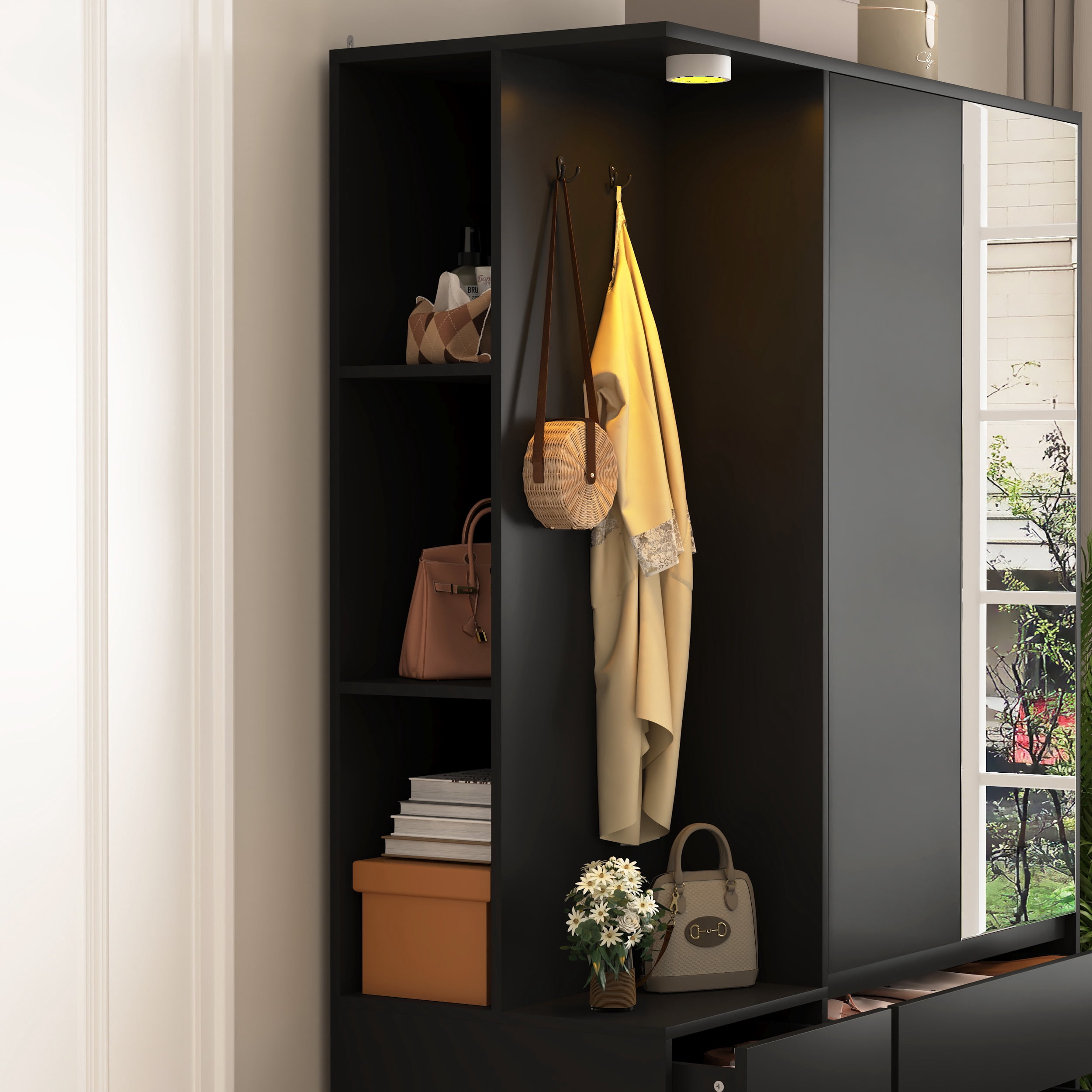 Mintazer Freestanding Wardrobe Armoire with Mirror Door, Open Coat Nook & 6 Drawers, 71" Tall Clothing Storage Cabinet with Hanging Rod & Light for Bedroom, Black