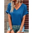 thumbnail image 1 of JUNWELL Simple Solid V-Neck Tee Women Shoulder Button Short Sleeved Tops Female Summer Casual Pullover T-Shirt, 1 of 7