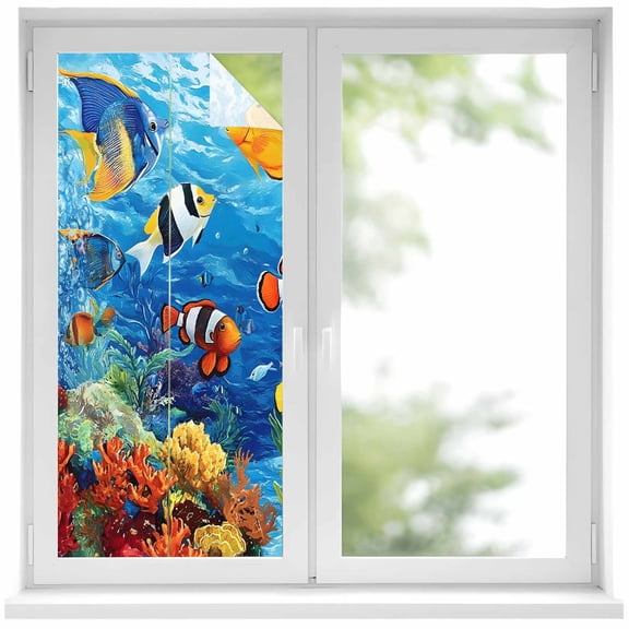 Ocean Marine Window Privacy Film Life Tropical Fish Coral Underwater World Decorative Glass Window Film UV Blocking Static Cling Non-Adhesive Sticker Covering for Home Door 19.6 x 39.3 inches
