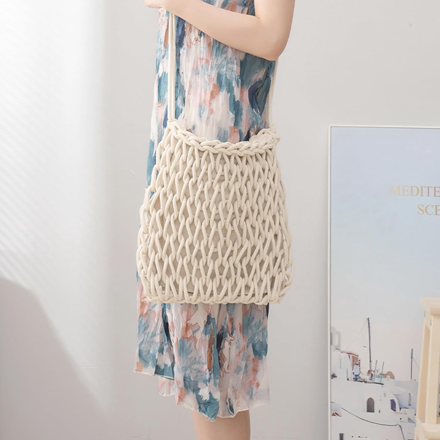 Women Large Tassels Cotton Crochet Cross-body Shoulder Bag Beach Tote Purse