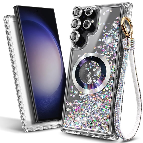 Nagebee For Samsung Galaxy S23 Ultra Phone Case MagSafe Wireless Charging Compatible Camera Lens & Tempered Glass Screen Protector & Wrist Strap Lanyard Glittering Liquid Cover (Gem)