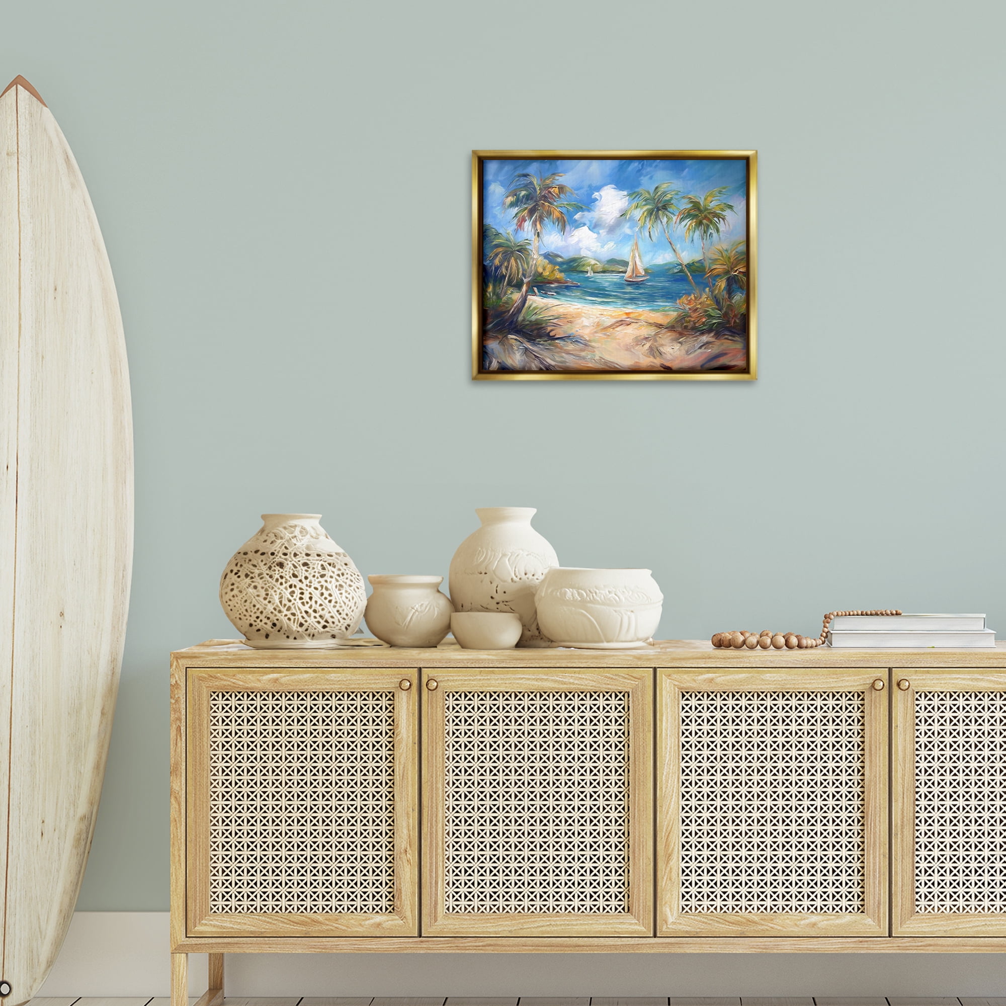 Stupell Industries Paradise Beach Harbor Coastal Painting Gold Floater Framed Canvas Art Print Wall Art, 21 x 17