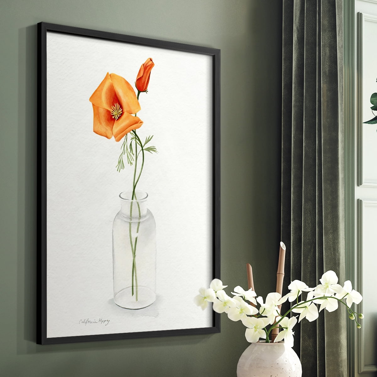 California Poppy Vase I Framed Print in Black Solid Wood Framed Print No Nail Hanging