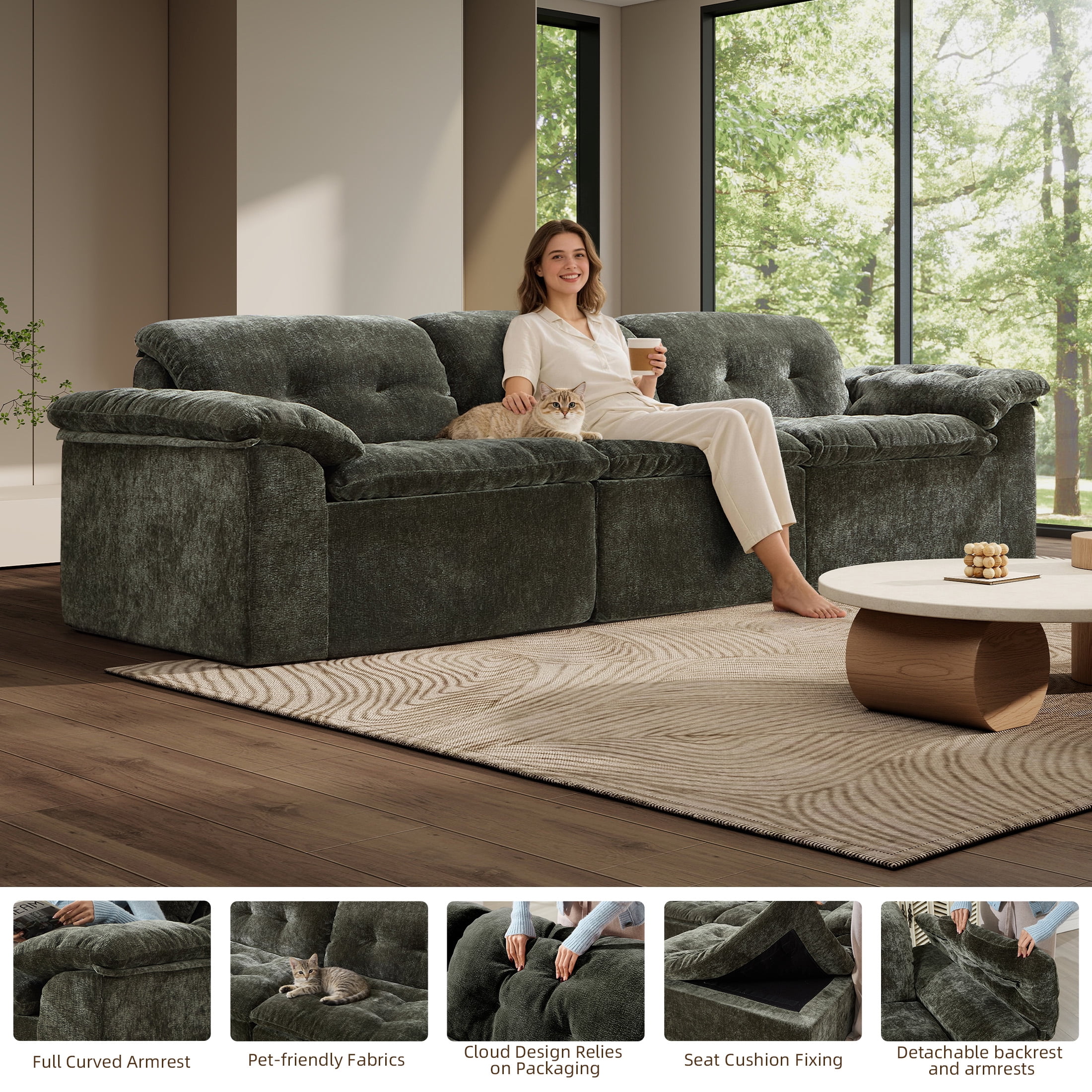Aukfa 3-Piece Cloud Modular Sectional Sofa for Living Room, Ice Flower Chenille, Green