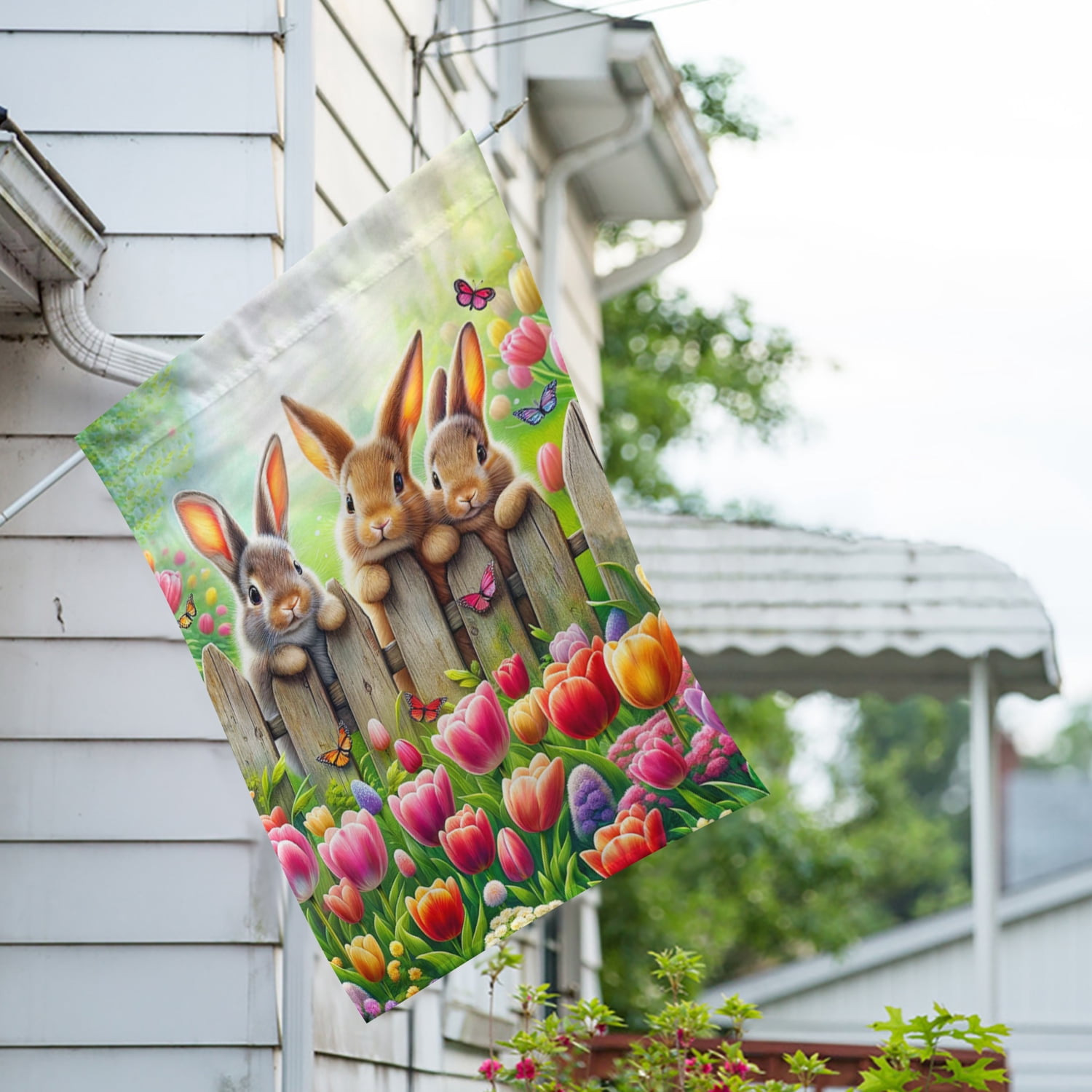America Forever Bunnies Spring House Flag, 28” x 40” Double Sided, Three Cute Bunnies Tulip Garden and Butterflies, Spring Summer Easter Day Flags for Outdoor Patio and Home Decoration