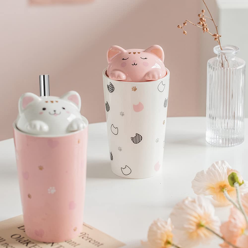 Cute Cat Coffee Mug With Lid & Straw - 480ML Ceramic Travel Mug For Iced Coffee, Bubble Tea, Milk (Purple, 3D Kitty Design)