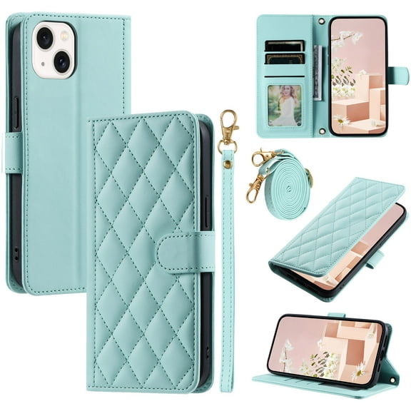 Mantto for iPhone 15 Wallet Case with Detachable Wrist Strap & Shoulder Strap,Shockproof Luxury PU Leather Purse Credit Card Slots Magnetic Flip Kickstand Crossbody Phone Case, Mint