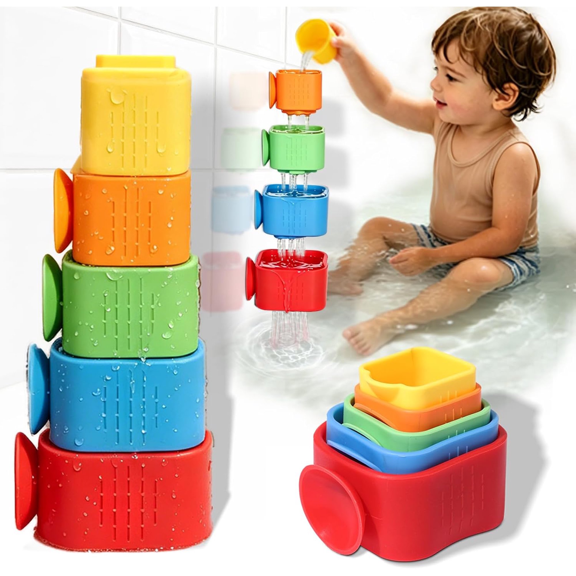BUTOMKY 5 PCS Suction Cup Bath Toys for Toddlers Waterfall Stacking Cups Bathtub Toy Essential Bathtime Silicone Water Toys Sensory Stocking Stuffer Gift 1- 4 Years Old